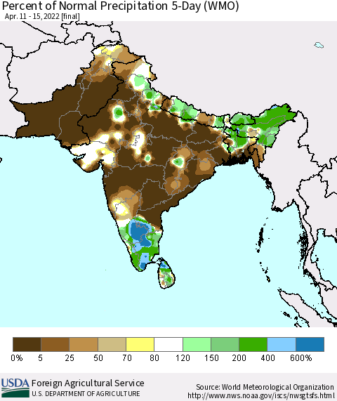 Southern Asia Percent of Normal Precipitation 5-Day (WMO) Thematic Map For 4/11/2022 - 4/15/2022