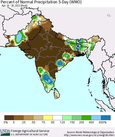 Southern Asia Percent of Normal Precipitation 5-Day (WMO) Thematic Map For 4/16/2022 - 4/20/2022