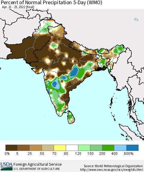 Southern Asia Percent of Normal Precipitation 5-Day (WMO) Thematic Map For 4/21/2022 - 4/25/2022