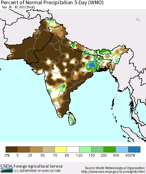 Southern Asia Percent of Normal Precipitation 5-Day (WMO) Thematic Map For 4/26/2022 - 4/30/2022