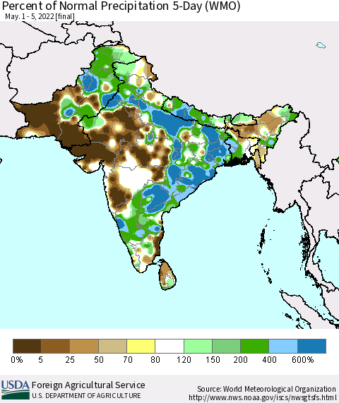 Southern Asia Percent of Normal Precipitation 5-Day (WMO) Thematic Map For 5/1/2022 - 5/5/2022