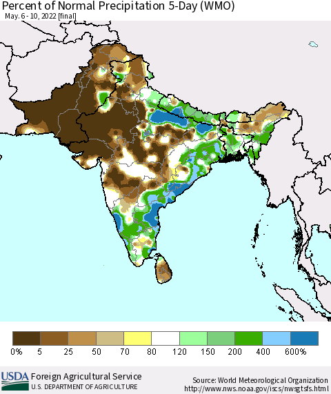 Southern Asia Percent of Normal Precipitation 5-Day (WMO) Thematic Map For 5/6/2022 - 5/10/2022