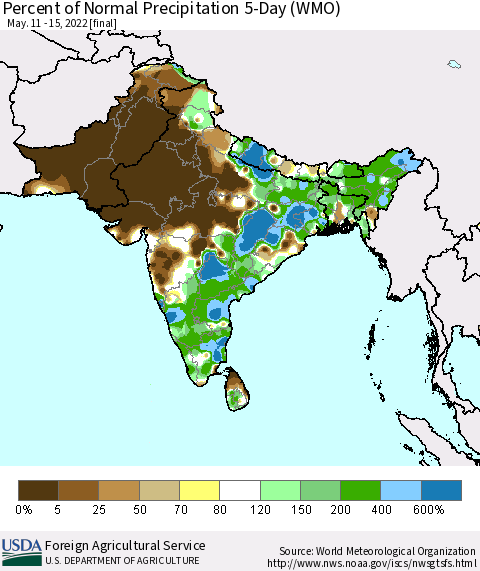 Southern Asia Percent of Normal Precipitation 5-Day (WMO) Thematic Map For 5/11/2022 - 5/15/2022