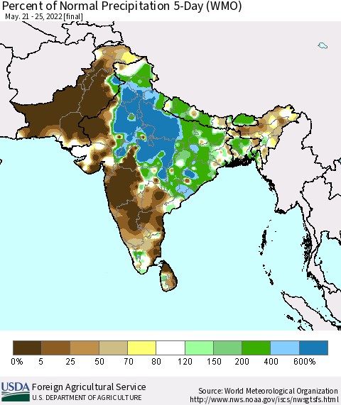 Southern Asia Percent of Normal Precipitation 5-Day (WMO) Thematic Map For 5/21/2022 - 5/25/2022
