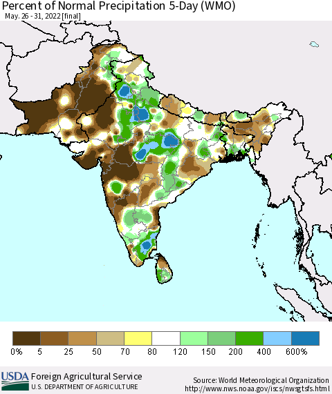 Southern Asia Percent of Normal Precipitation 5-Day (WMO) Thematic Map For 5/26/2022 - 5/31/2022