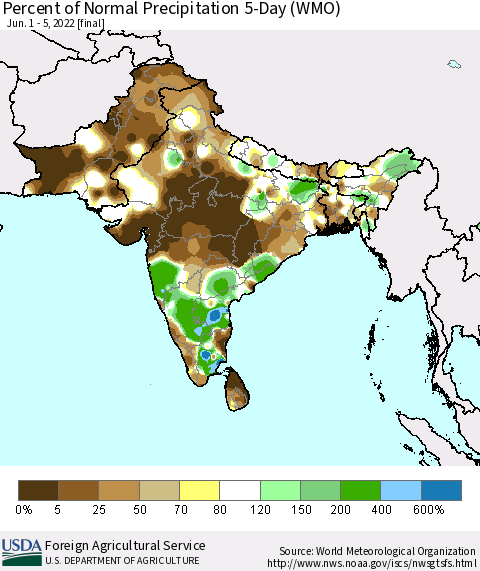 Southern Asia Percent of Normal Precipitation 5-Day (WMO) Thematic Map For 6/1/2022 - 6/5/2022