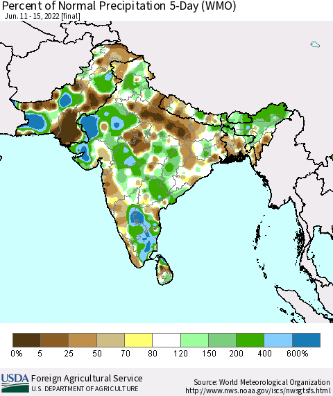 Southern Asia Percent of Normal Precipitation 5-Day (WMO) Thematic Map For 6/11/2022 - 6/15/2022