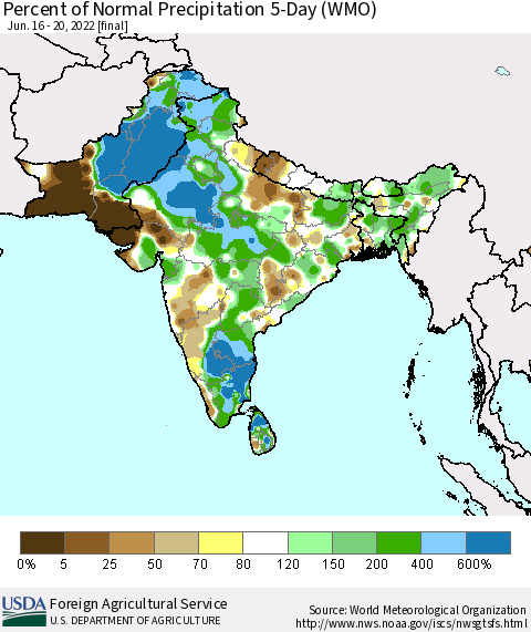 Southern Asia Percent of Normal Precipitation 5-Day (WMO) Thematic Map For 6/16/2022 - 6/20/2022