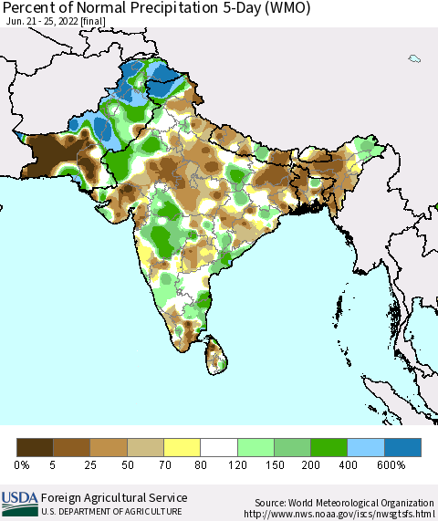 Southern Asia Percent of Normal Precipitation 5-Day (WMO) Thematic Map For 6/21/2022 - 6/25/2022