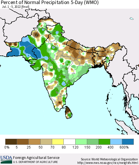 Southern Asia Percent of Normal Precipitation 5-Day (WMO) Thematic Map For 7/1/2022 - 7/5/2022