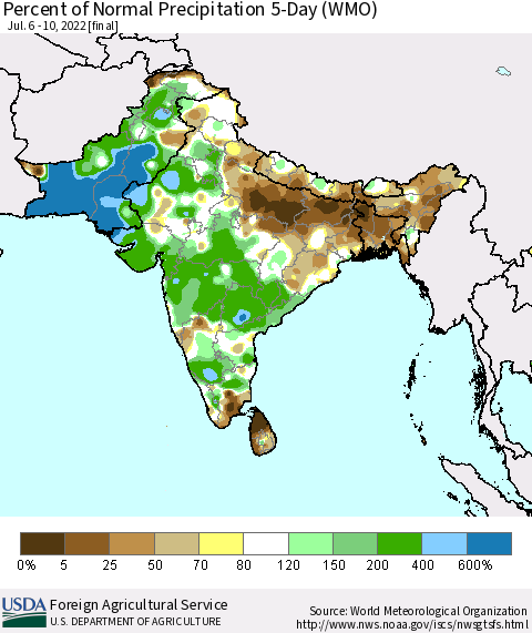 Southern Asia Percent of Normal Precipitation 5-Day (WMO) Thematic Map For 7/6/2022 - 7/10/2022