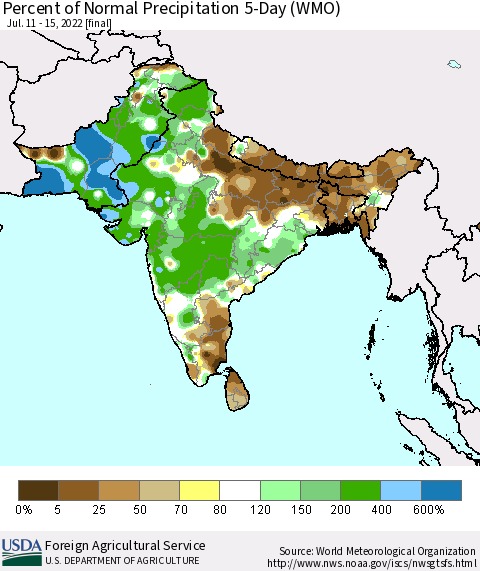 Southern Asia Percent of Normal Precipitation 5-Day (WMO) Thematic Map For 7/11/2022 - 7/15/2022