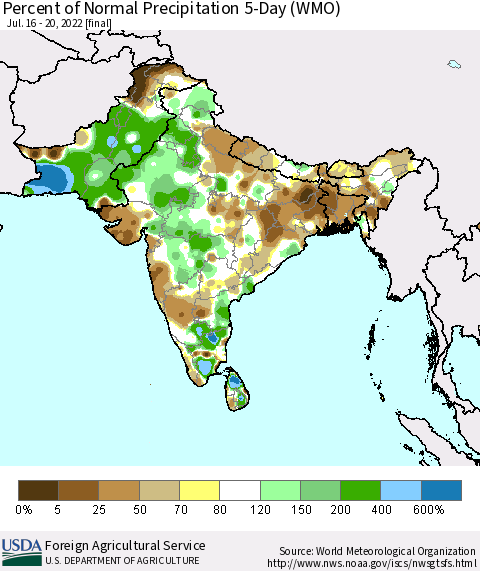 Southern Asia Percent of Normal Precipitation 5-Day (WMO) Thematic Map For 7/16/2022 - 7/20/2022