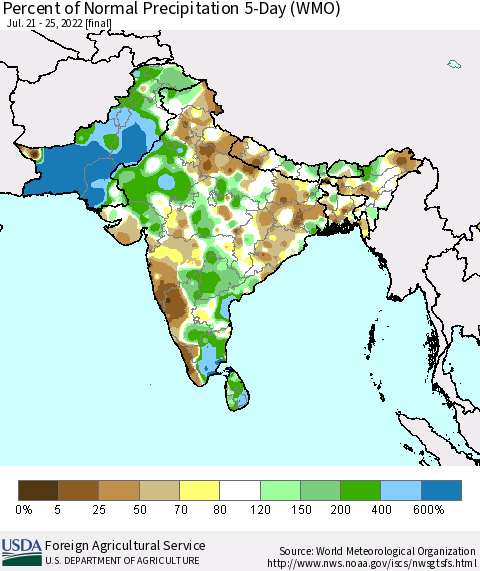 Southern Asia Percent of Normal Precipitation 5-Day (WMO) Thematic Map For 7/21/2022 - 7/25/2022