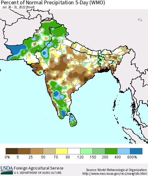 Southern Asia Percent of Normal Precipitation 5-Day (WMO) Thematic Map For 7/26/2022 - 7/31/2022