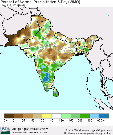 Southern Asia Percent of Normal Precipitation 5-Day (WMO) Thematic Map For 8/1/2022 - 8/5/2022