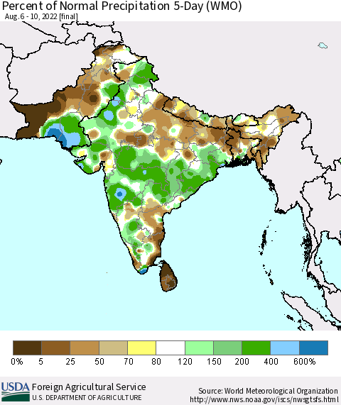 Southern Asia Percent of Normal Precipitation 5-Day (WMO) Thematic Map For 8/6/2022 - 8/10/2022