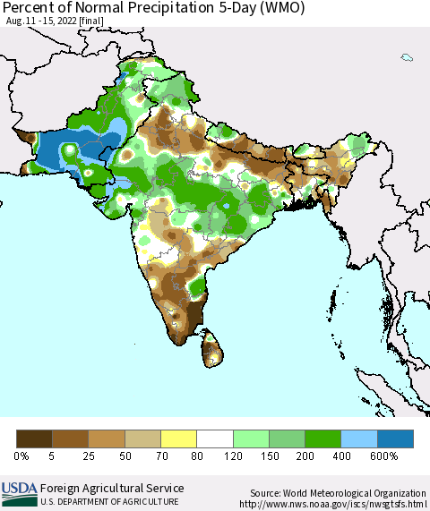 Southern Asia Percent of Normal Precipitation 5-Day (WMO) Thematic Map For 8/11/2022 - 8/15/2022