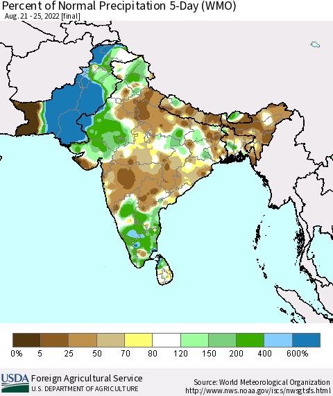 Southern Asia Percent of Normal Precipitation 5-Day (WMO) Thematic Map For 8/21/2022 - 8/25/2022