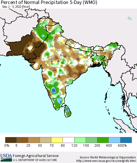 Southern Asia Percent of Normal Precipitation 5-Day (WMO) Thematic Map For 9/1/2022 - 9/5/2022