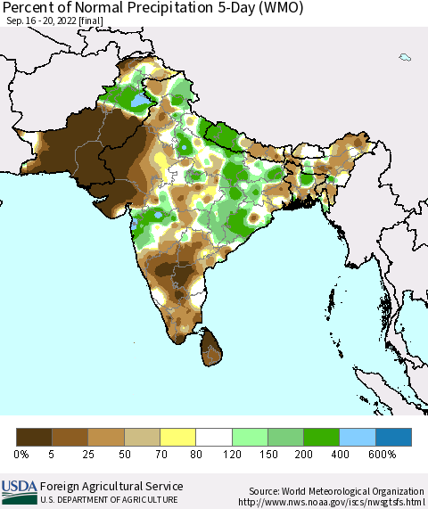 Southern Asia Percent of Normal Precipitation 5-Day (WMO) Thematic Map For 9/16/2022 - 9/20/2022