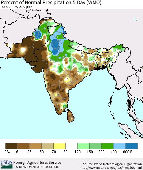 Southern Asia Percent of Normal Precipitation 5-Day (WMO) Thematic Map For 9/21/2022 - 9/25/2022