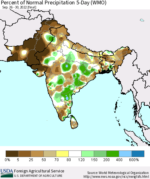 Southern Asia Percent of Normal Precipitation 5-Day (WMO) Thematic Map For 9/26/2022 - 9/30/2022