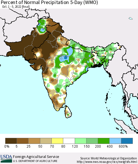Southern Asia Percent of Normal Precipitation 5-Day (WMO) Thematic Map For 10/1/2022 - 10/5/2022