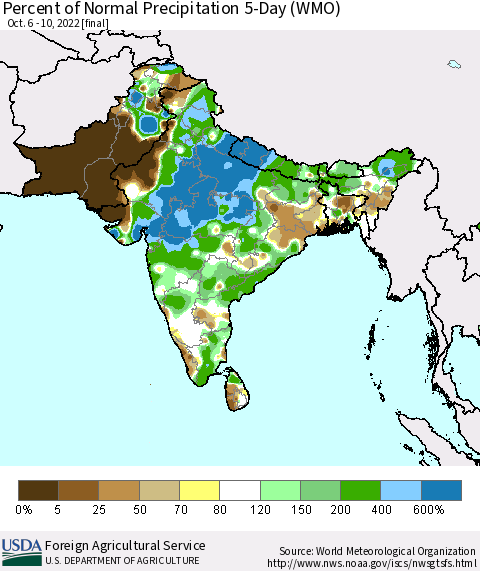 Southern Asia Percent of Normal Precipitation 5-Day (WMO) Thematic Map For 10/6/2022 - 10/10/2022