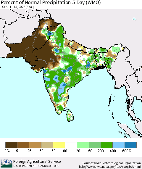 Southern Asia Percent of Normal Precipitation 5-Day (WMO) Thematic Map For 10/11/2022 - 10/15/2022
