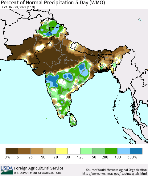 Southern Asia Percent of Normal Precipitation 5-Day (WMO) Thematic Map For 10/16/2022 - 10/20/2022