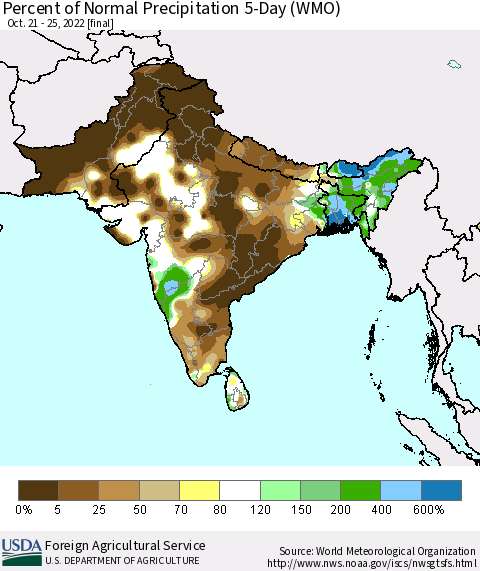 Southern Asia Percent of Normal Precipitation 5-Day (WMO) Thematic Map For 10/21/2022 - 10/25/2022