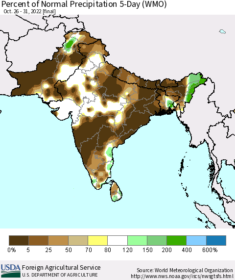 Southern Asia Percent of Normal Precipitation 5-Day (WMO) Thematic Map For 10/26/2022 - 10/31/2022