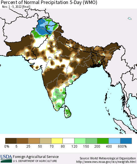 Southern Asia Percent of Normal Precipitation 5-Day (WMO) Thematic Map For 11/1/2022 - 11/5/2022