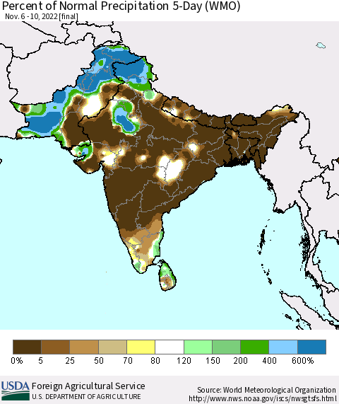 Southern Asia Percent of Normal Precipitation 5-Day (WMO) Thematic Map For 11/6/2022 - 11/10/2022