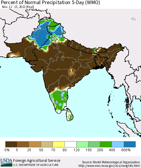 Southern Asia Percent of Normal Precipitation 5-Day (WMO) Thematic Map For 11/11/2022 - 11/15/2022