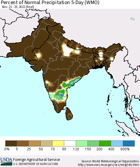 Southern Asia Percent of Normal Precipitation 5-Day (WMO) Thematic Map For 11/21/2022 - 11/25/2022