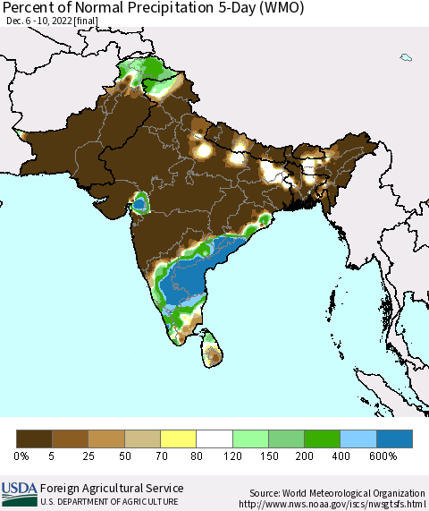 Southern Asia Percent of Normal Precipitation 5-Day (WMO) Thematic Map For 12/6/2022 - 12/10/2022