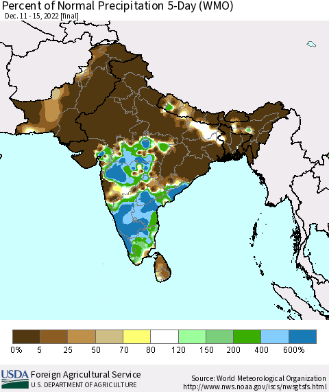 Southern Asia Percent of Normal Precipitation 5-Day (WMO) Thematic Map For 12/11/2022 - 12/15/2022