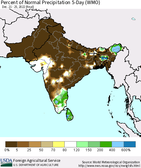 Southern Asia Percent of Normal Precipitation 5-Day (WMO) Thematic Map For 12/21/2022 - 12/25/2022