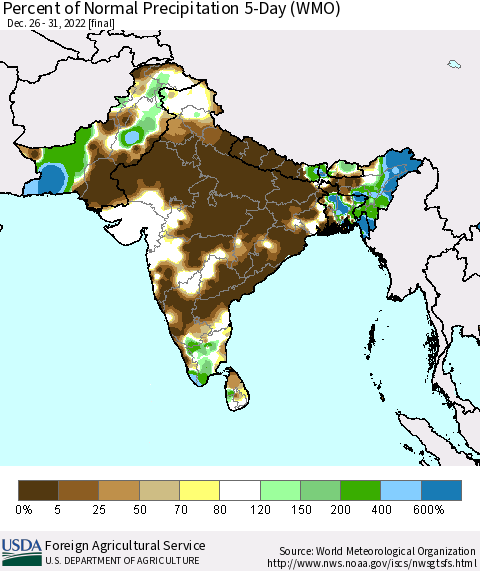 Southern Asia Percent of Normal Precipitation 5-Day (WMO) Thematic Map For 12/26/2022 - 12/31/2022