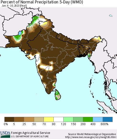 Southern Asia Percent of Normal Precipitation 5-Day (WMO) Thematic Map For 1/6/2023 - 1/10/2023
