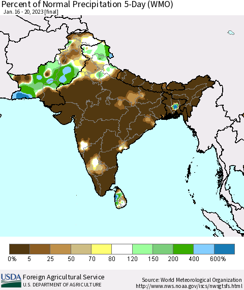 Southern Asia Percent of Normal Precipitation 5-Day (WMO) Thematic Map For 1/16/2023 - 1/20/2023