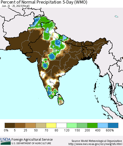 Southern Asia Percent of Normal Precipitation 5-Day (WMO) Thematic Map For 1/21/2023 - 1/25/2023
