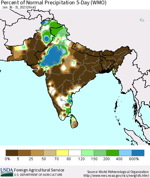 Southern Asia Percent of Normal Precipitation 5-Day (WMO) Thematic Map For 1/26/2023 - 1/31/2023