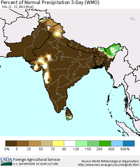 Southern Asia Percent of Normal Precipitation 5-Day (WMO) Thematic Map For 2/11/2023 - 2/15/2023