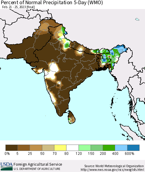 Southern Asia Percent of Normal Precipitation 5-Day (WMO) Thematic Map For 2/21/2023 - 2/25/2023