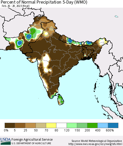 Southern Asia Percent of Normal Precipitation 5-Day (WMO) Thematic Map For 2/26/2023 - 2/28/2023
