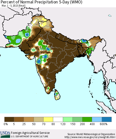 Southern Asia Percent of Normal Precipitation 5-Day (WMO) Thematic Map For 3/1/2023 - 3/5/2023