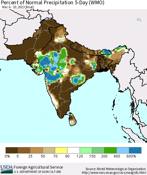 Southern Asia Percent of Normal Precipitation 5-Day (WMO) Thematic Map For 3/6/2023 - 3/10/2023